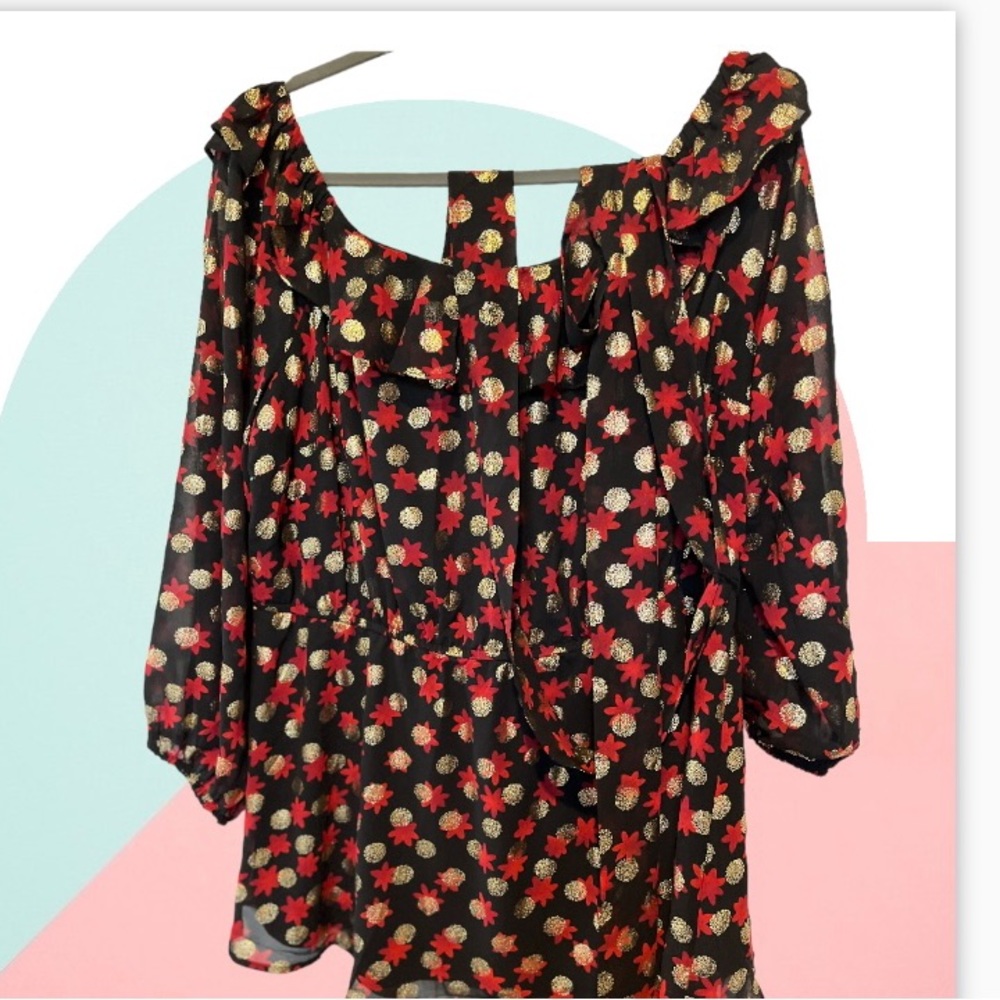 Black Gold and Red Pullover Blouse, Size 14/16, Long sleeves, Cinched waist sash